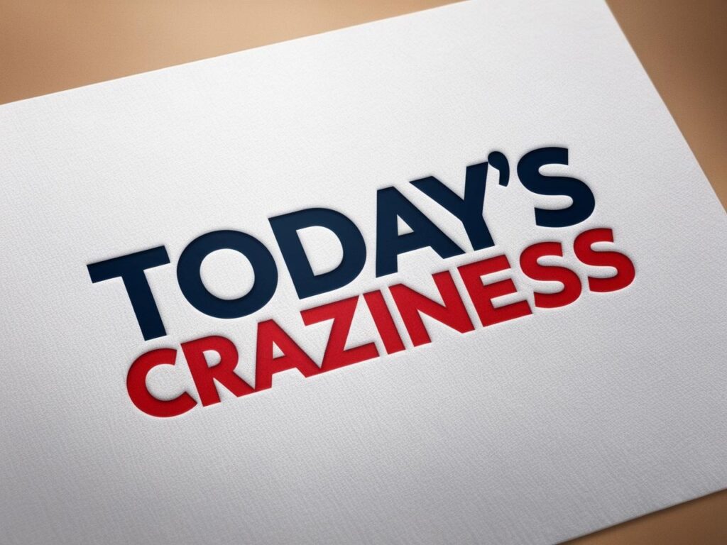 Generate a logo with just the TODAY'S CRAZINESS text. With the word TODAY in the color red and the word CRAZINESS in the color dark blue (1)